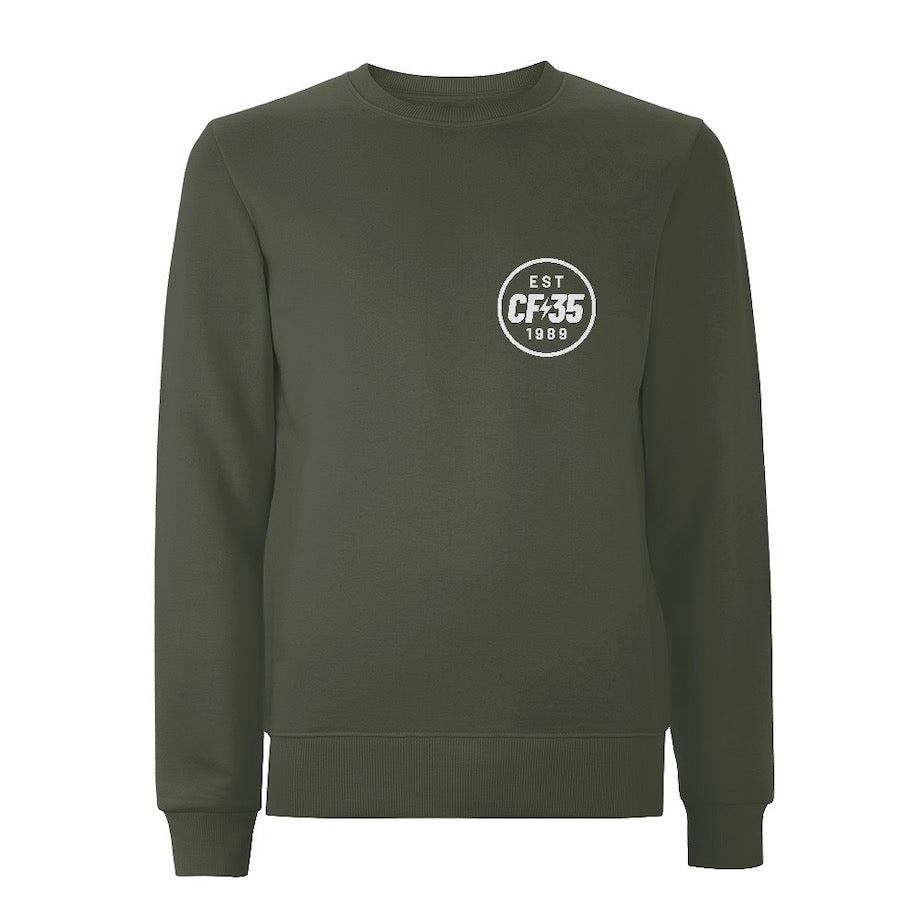 Centreforce CF35 Khaki sweatshirt with 35th anniversary white print left chest logo