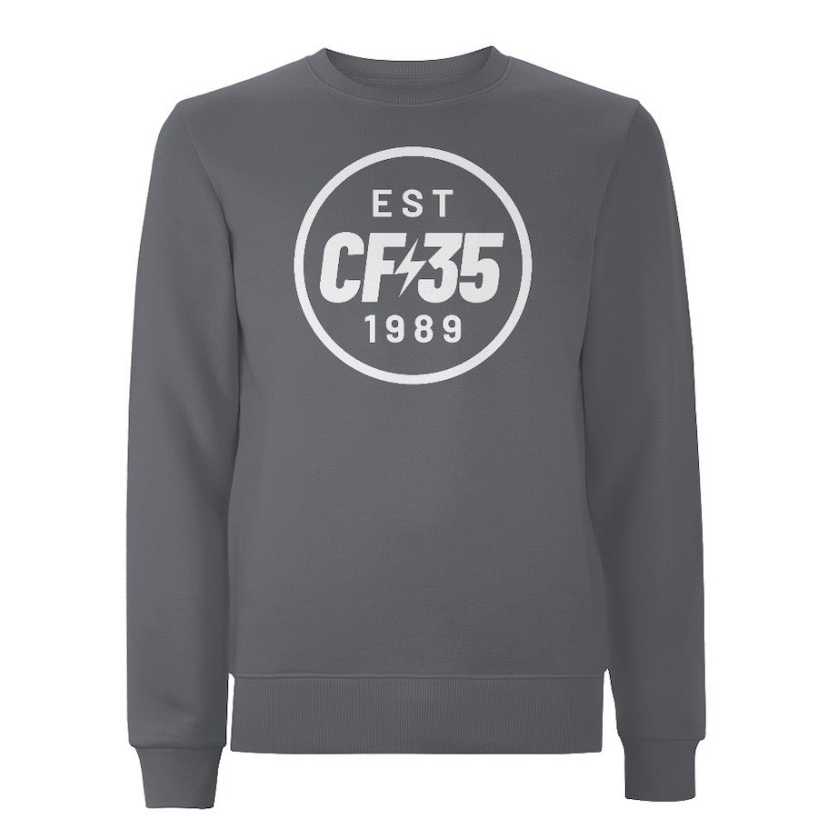 CF35 Anthracite grey sweatshirt with white anniversary logo printed on chest