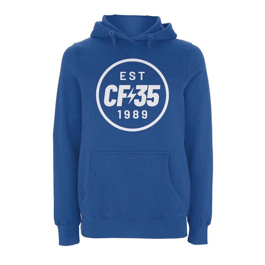 CF35 blue hoody with large anniversary logo printed on chest.