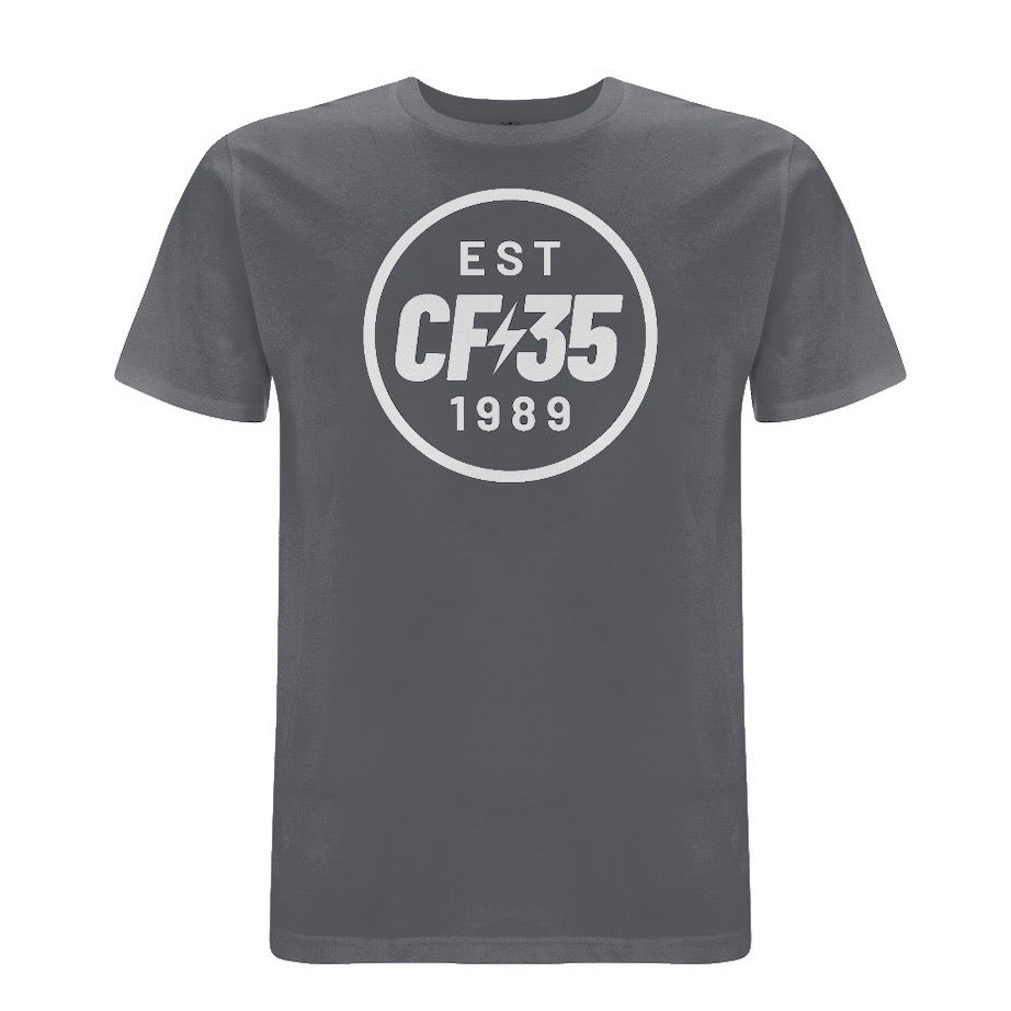 Anthracite grey t-shirt with a CF35 logo in white printed on the chest