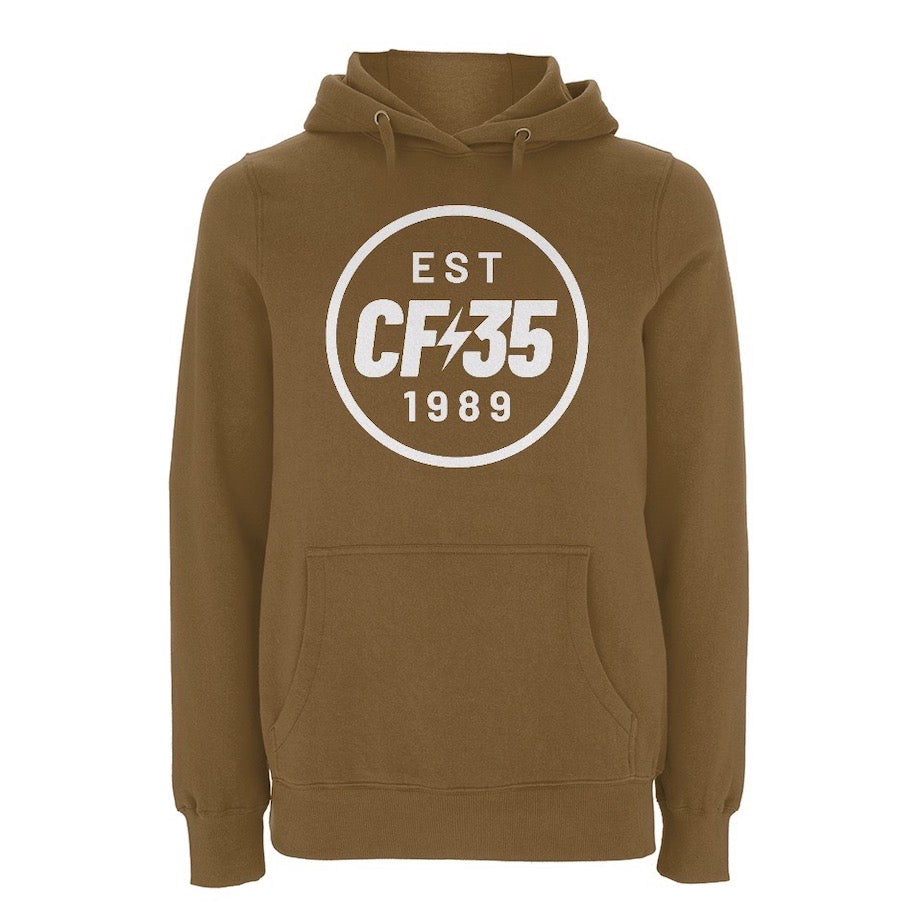 CF35 Khaki hoody with white anniversary logo print on the chest