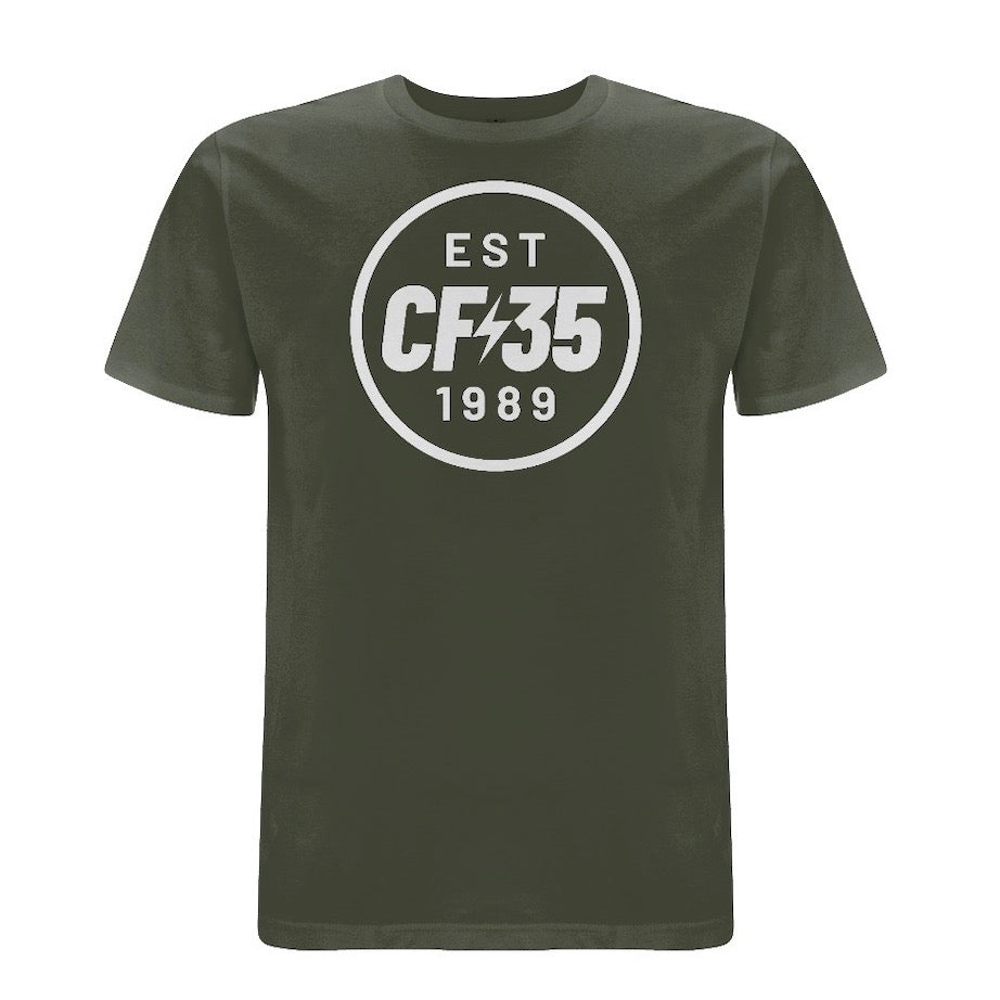 Khaki t-shirt with a CF35 logo in white printed on the chest 