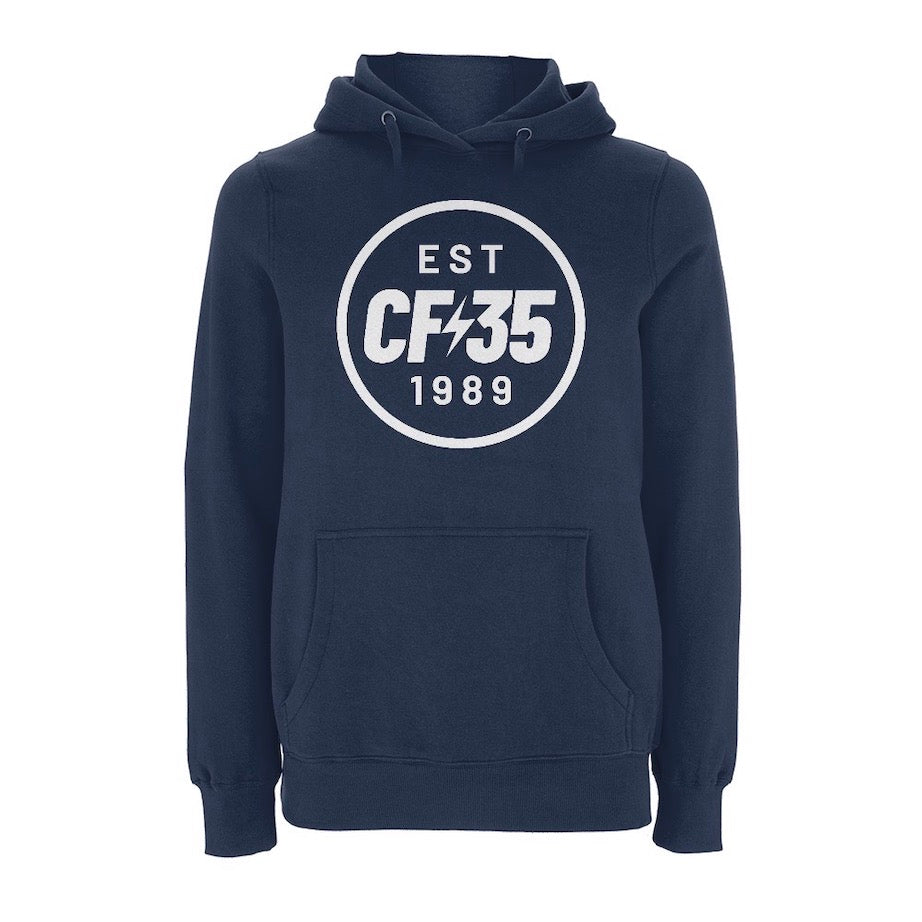 CF35 navy hoody with white anniversary logo printed on the chest