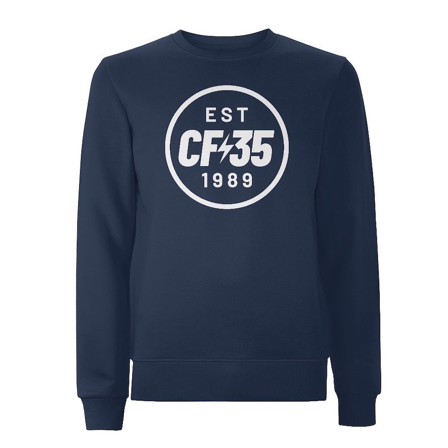 Navy CF35 sweatshirt with white anniversary logo printed on chest