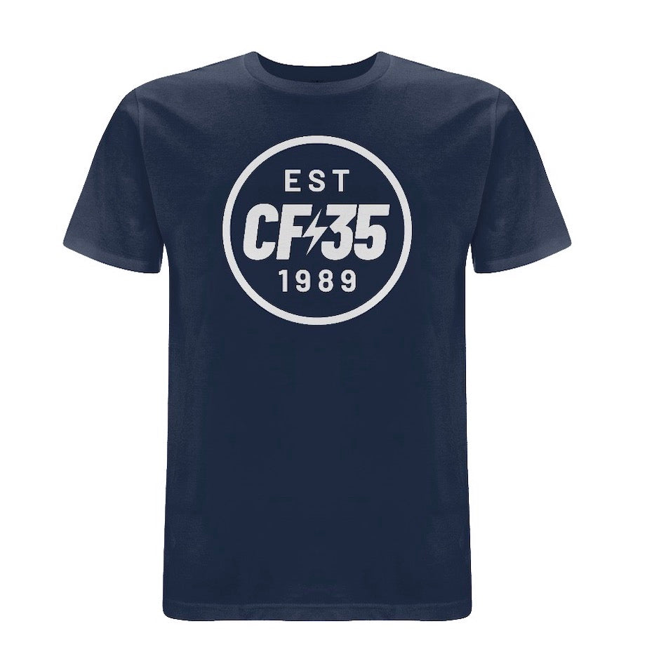 Navy t-shirt with a CF35 logo in white printed on the chest