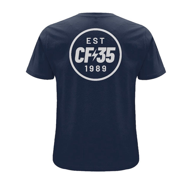 CF35 Navy t-shirt with white anniversary logo printed on front and back