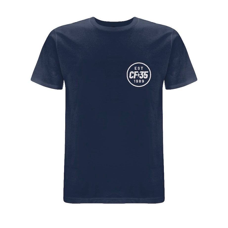 CF35 Navy t-shirt with white anniversary logo printed on front and back