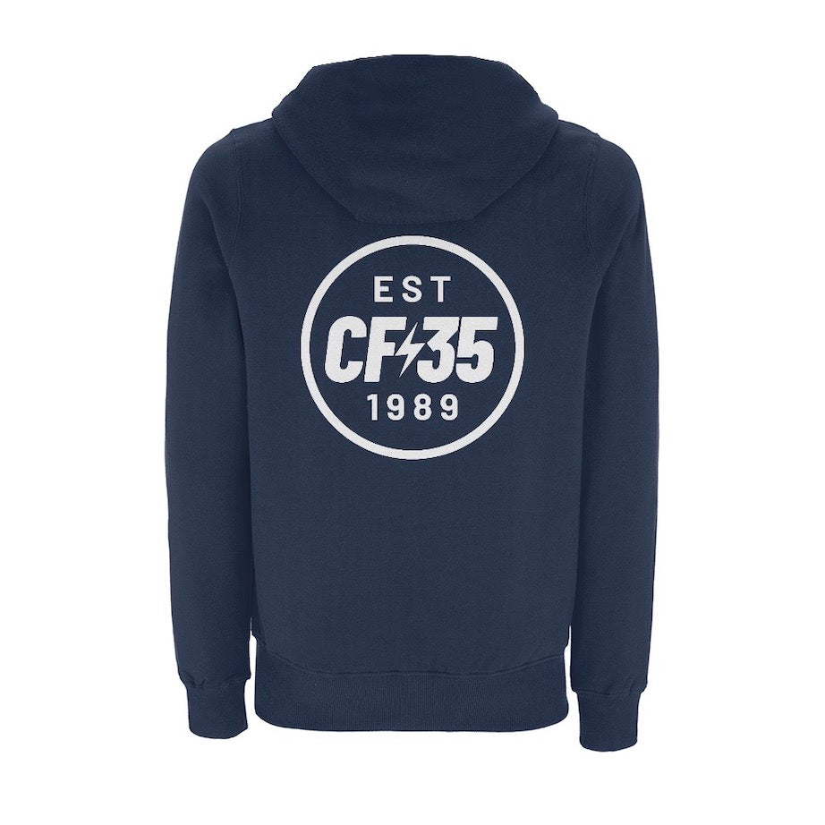 CF35 Navy Blue hoody with white anniversary logo print on left chest and reverse.