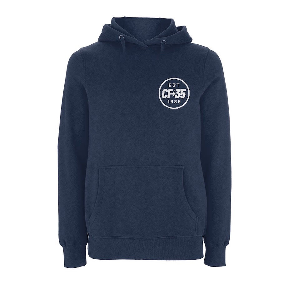 CF35 Navy Blue hoody with white anniversary logo print on left chest and reverse.