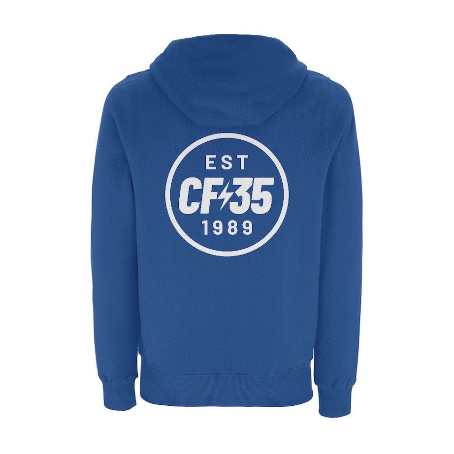 CF35 Royal Blue hoody with white anniversary logo print on left chest and reverse.