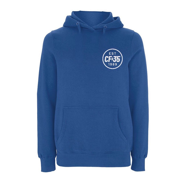 CF35 Royal Blue hoody with white anniversary logo print on left chest and reverse.