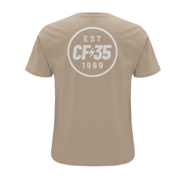 CF35 Sand double-print tee with white anniversary logo printed left chest and reverse