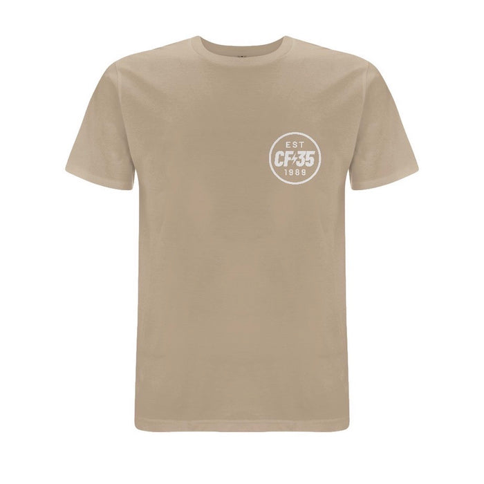 CF35 Sand double-print tee with white anniversary logo printed left chest and reverse