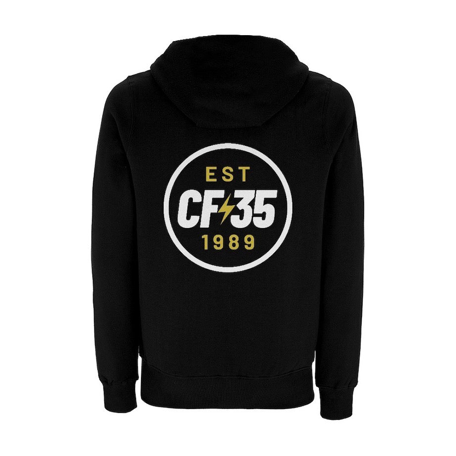 CF35 double-print black hoody with 35th anniversary large print in white and yellow/gold on the front and reverse