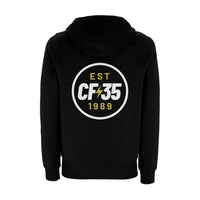 CF35 double-print black hoody with 35th anniversary large print in white and yellow/gold on the front and reverse