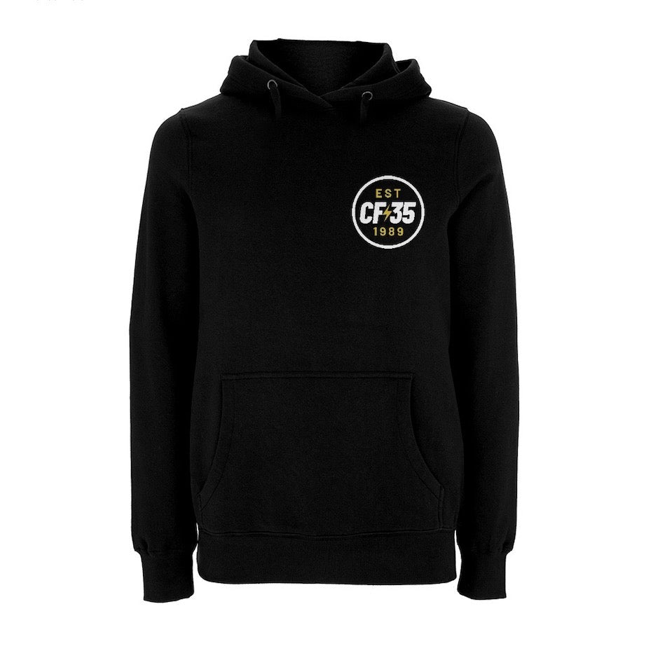 CF35 double-print black hoody with 35th anniversary large print in white and yellow/gold on the front and reverse