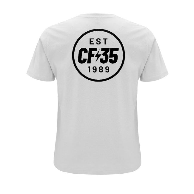 CF35 double print white t-shirt with the anniversary logo printed in black on front left chest and large on the reverse.