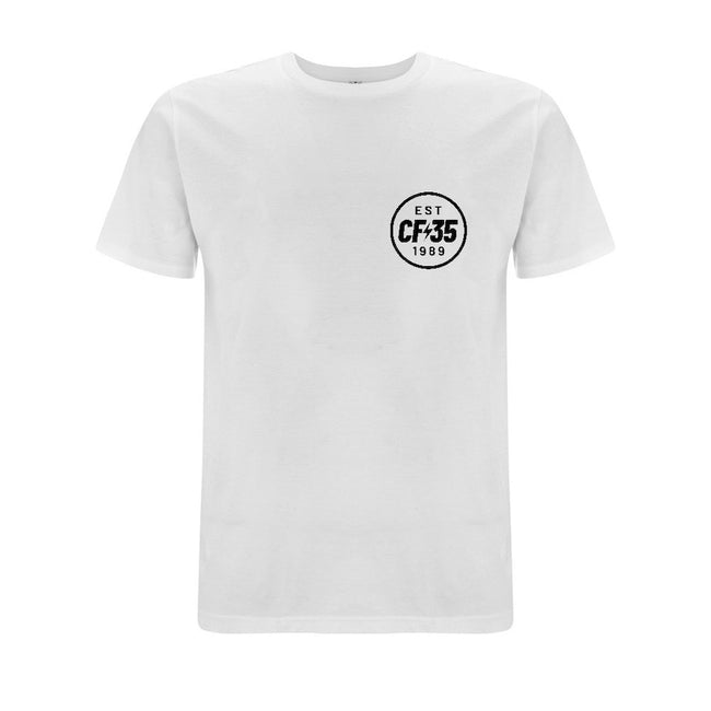 CF35 double print white t-shirt with the anniversary logo printed in black on front left chest and large on the reverse.