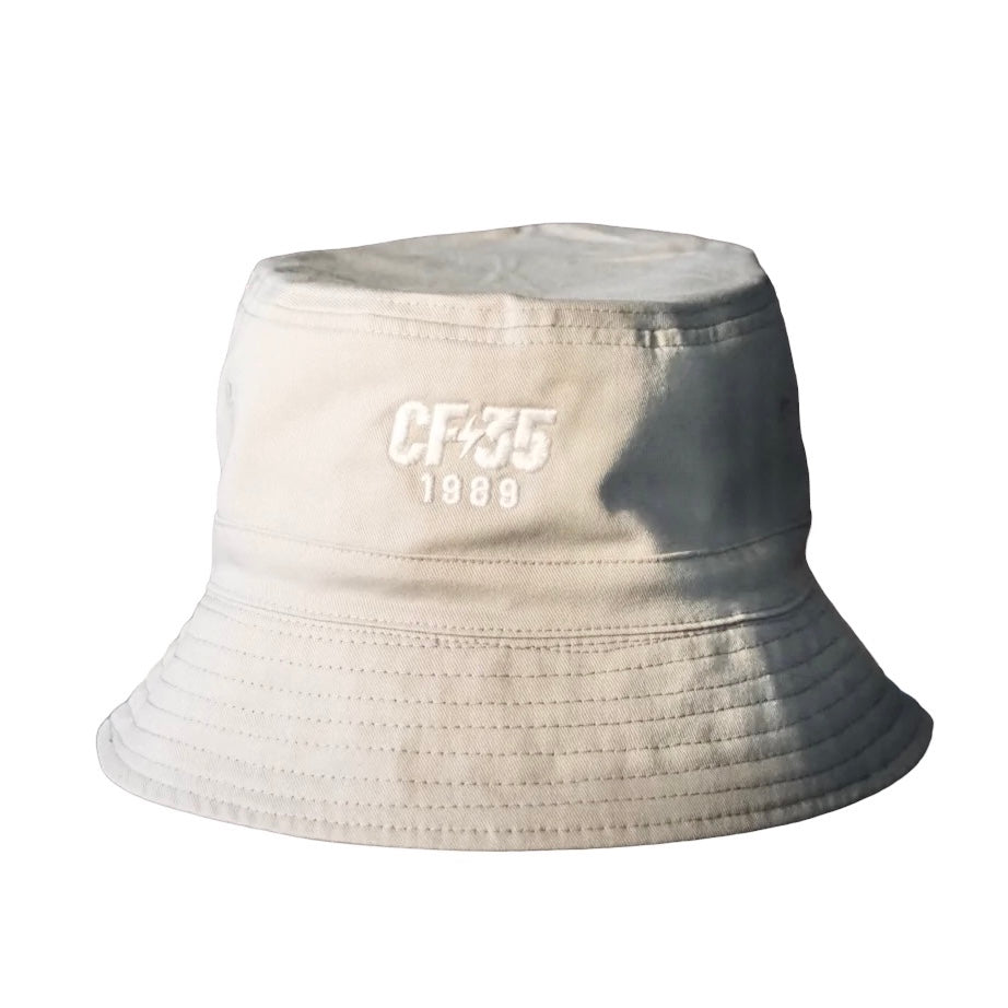 CF35 grey bucket hat with white anniversary logo stitched on the front