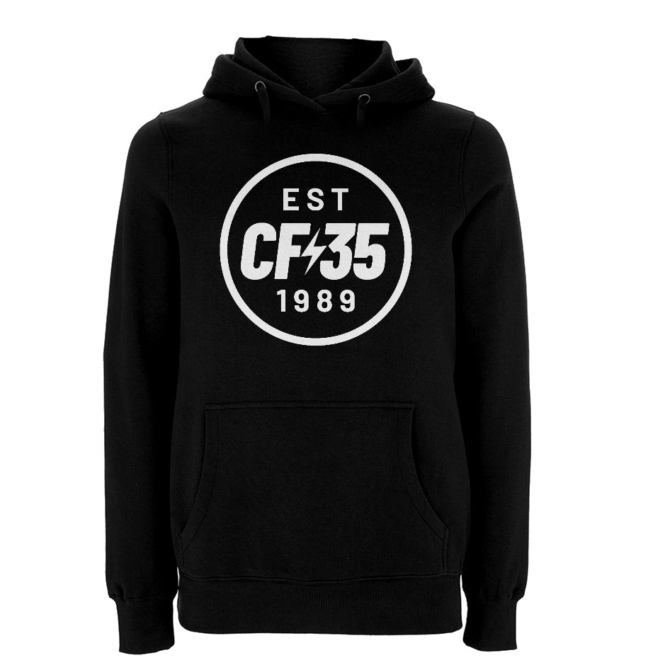 CF35 black hoody with white anniversary logo printed on the front