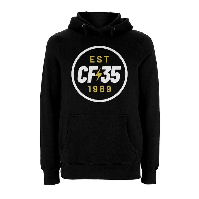 CF35 black hoody with 35th anniversary large print in white and yellow/gold on the front