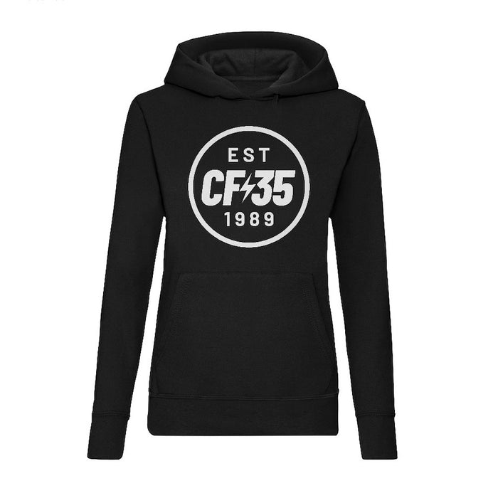 CF35 Women's black hoody with 35th anniversary logo printed in white on the front