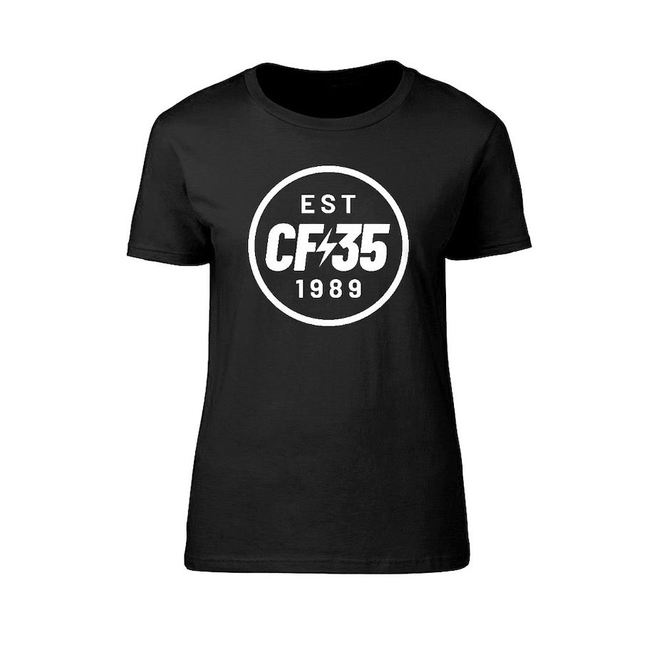 CF35 Women's black t-shirt with white 35th anniversary logo printed on the front