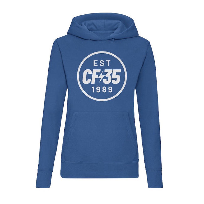 CF35 Women's royal blue hoody with 35th anniversary logo printed in white on the front