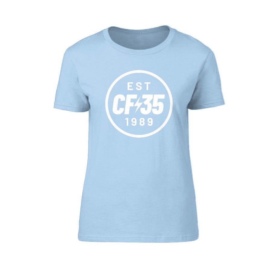 CF35 Women's light blue t-shirt with white 35th anniversary logo printed on the front