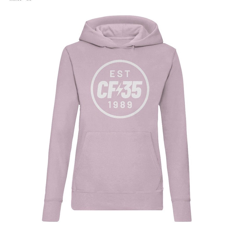 CF35 Women's pink hoody with 35th anniversary logo printed in white on the front