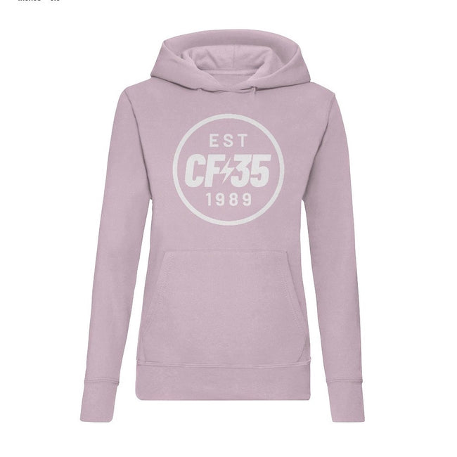 CF35 Women's pink hoody with 35th anniversary logo printed in white on the front