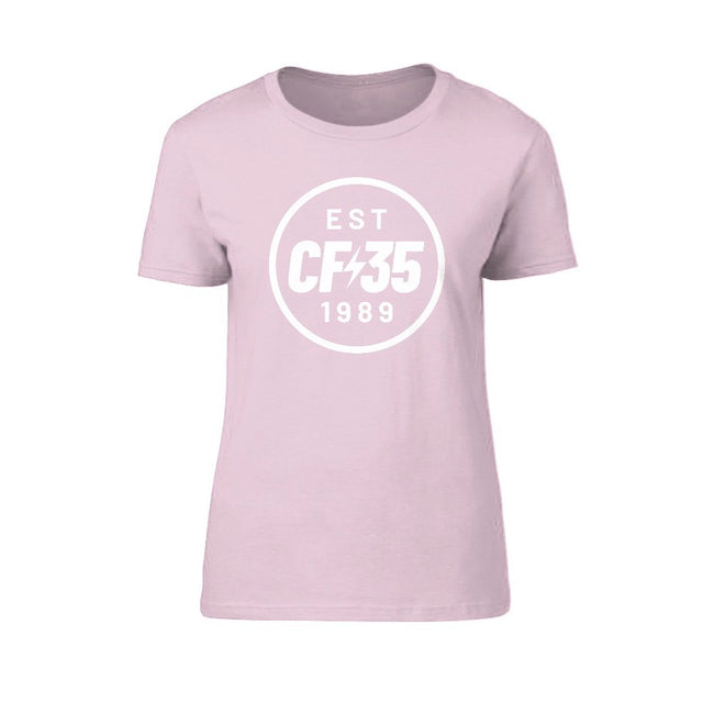 CF35 Women's white t-shirt with white 35th anniversary logo printed on the front