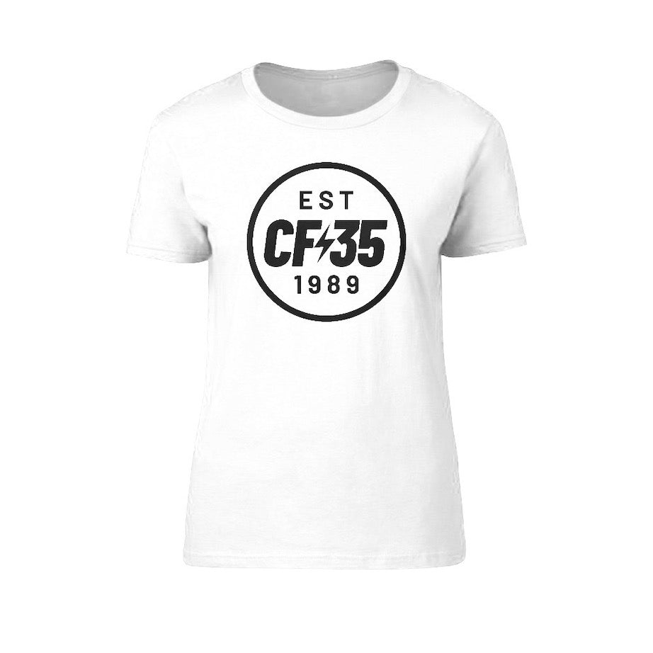 CF35 Women's white t-shirt with black 35th anniversary logo printed on the front