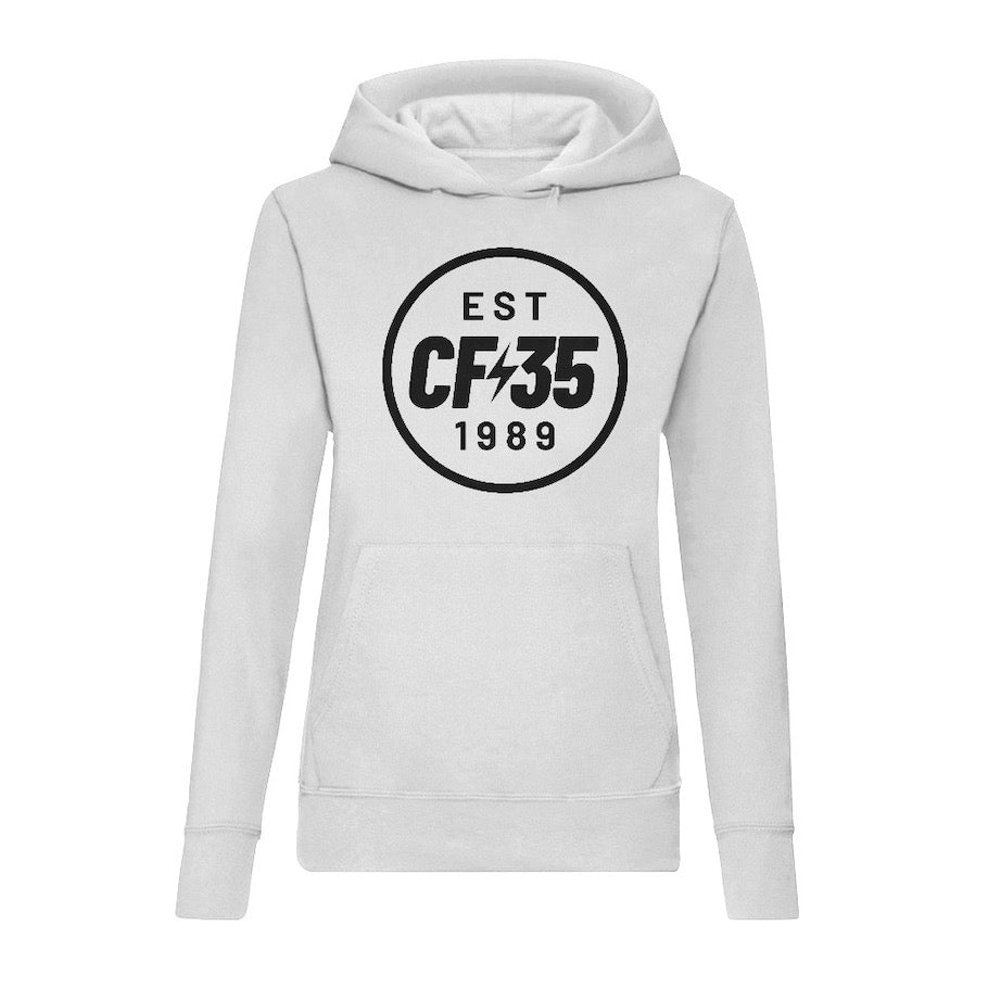 CF35 Women's white hoody with 35th anniversary logo printed in black on the front