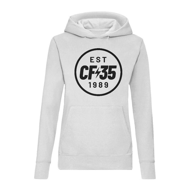 CF35 Women's white hoody with 35th anniversary logo printed in black on the front