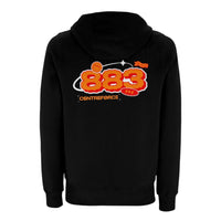 Centreforce 883 1989 black hoody with vibrant orange and white 883 and smiley orbit design printed across the back.
