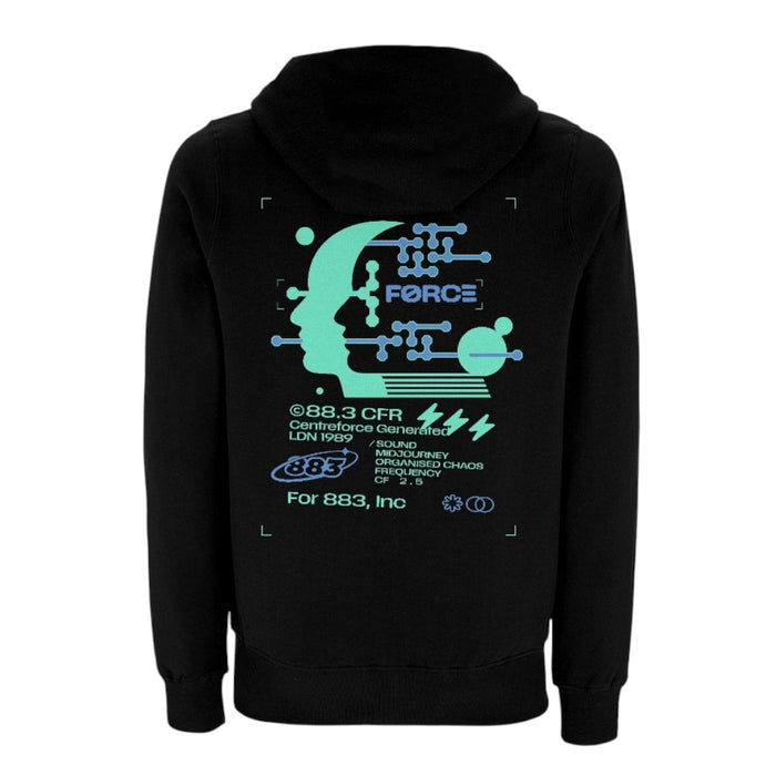Centreforce black hoody featuring a large blue 'frequency' print graphic - back view