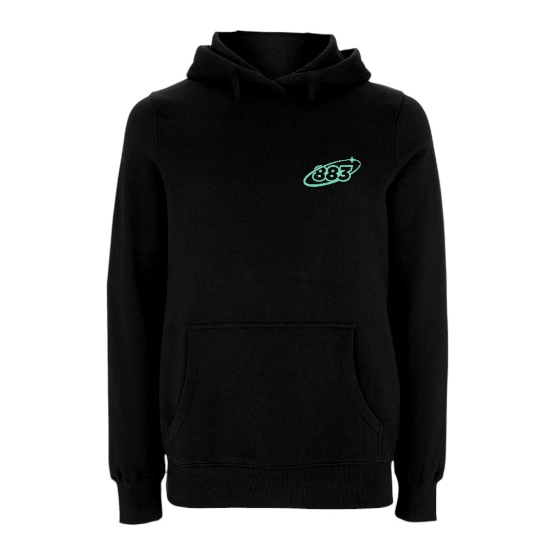 Centreforce black t-shirt featuring a front left chest 883 starry logo in aqua blue print.