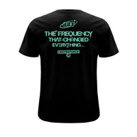 Centreforce - The Frequency that Changed Everything black t-shirt. Reverse print in aqua blue/green colour.