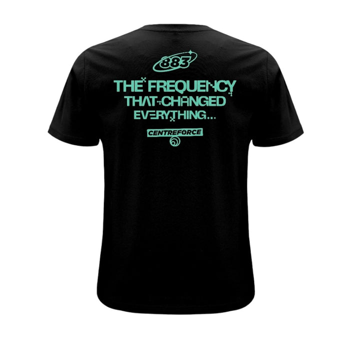 Centreforce - The Frequency that Changed Everything black t-shirt. Reverse print in aqua blue/green colour.