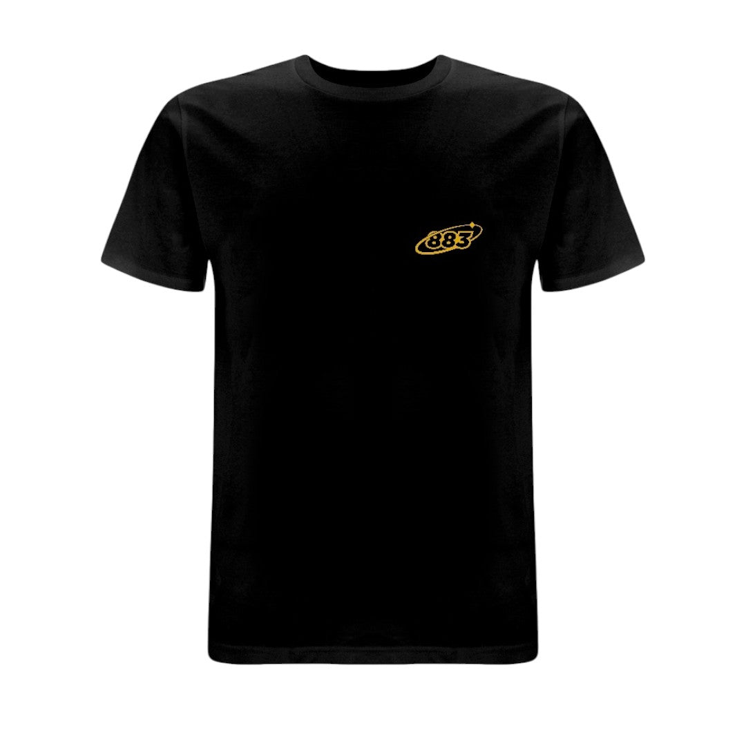 Black Centreforce 883 t-shirt with yellow 883 orbit logo printed on the left chest.