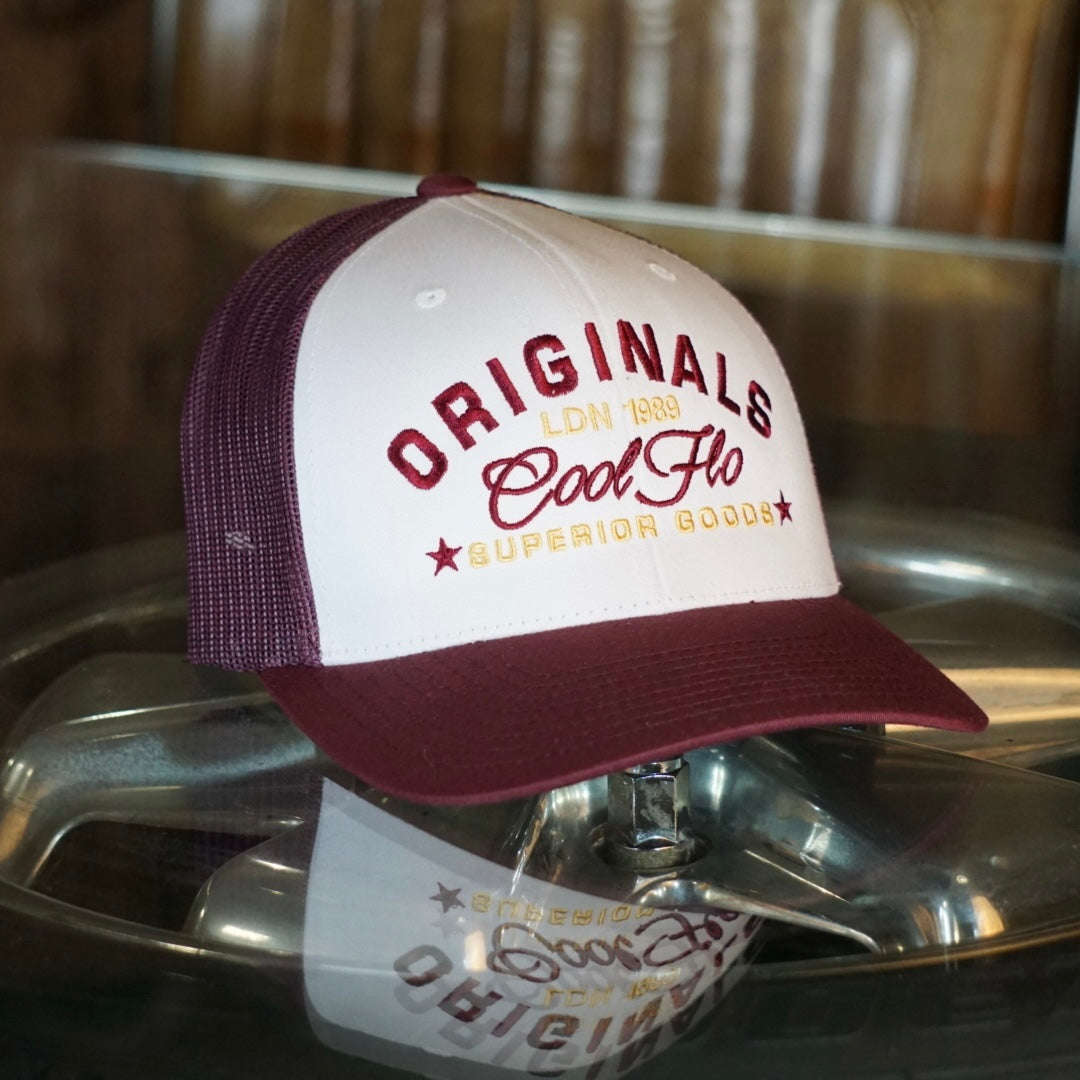 Cool Flo burgundy and white trucker cap with embroidered yellow/gold and burgundy 'Originals' design.