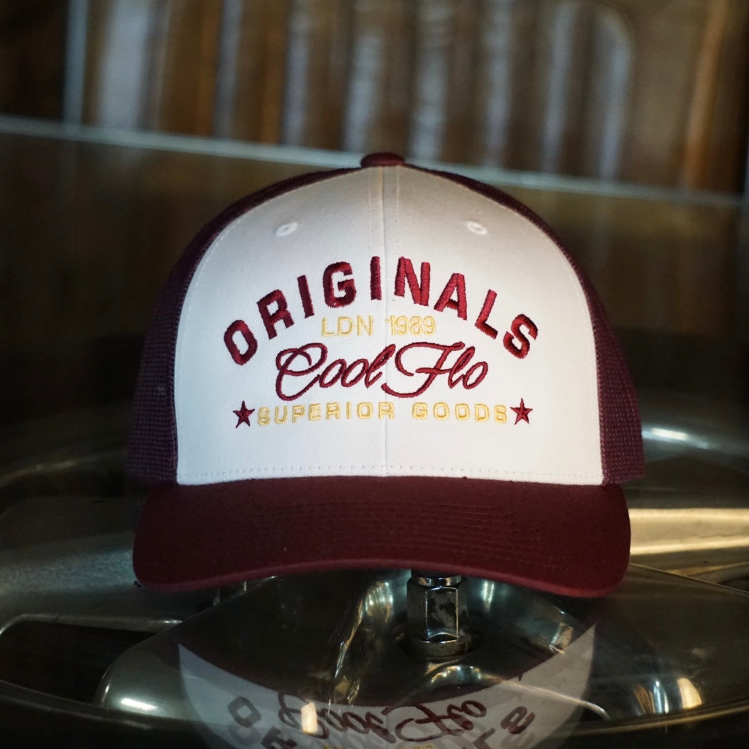 Cool Flo burgundy and white trucker cap with embroidered yellow/gold and burgundy 'Originals' design.