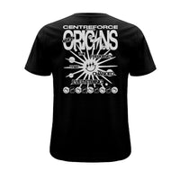 Black Centreforce 883 t-shirt with large white 'Origins – The Frequency That Changed Everything' graphic printed on the back.