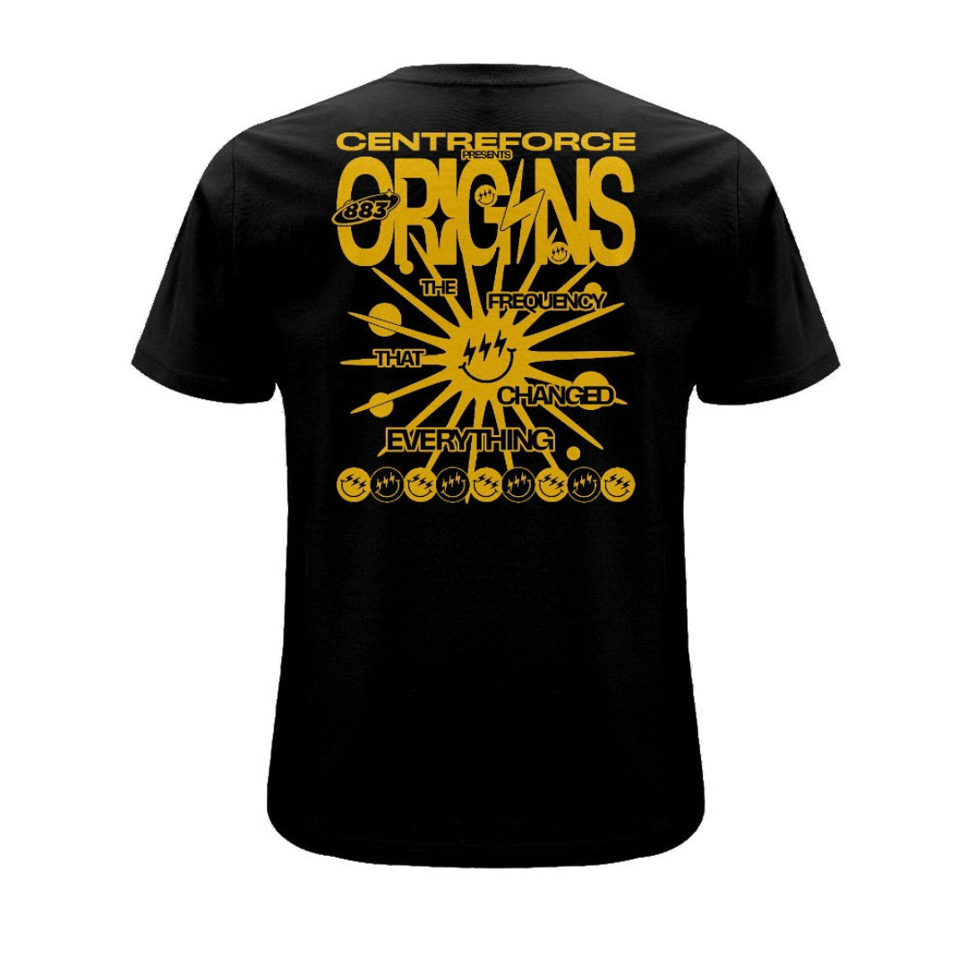 Black Centreforce 883 t-shirt with large yellow 'Origins – The Frequency That Changed Everything' graphic printed on the back.