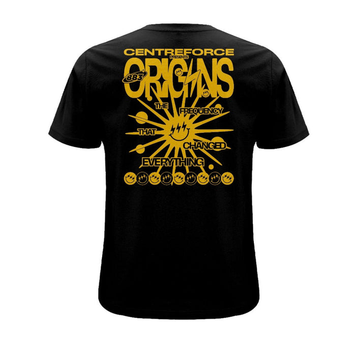 Black Centreforce 883 t-shirt with large yellow 'Origins – The Frequency That Changed Everything' graphic printed on the back.