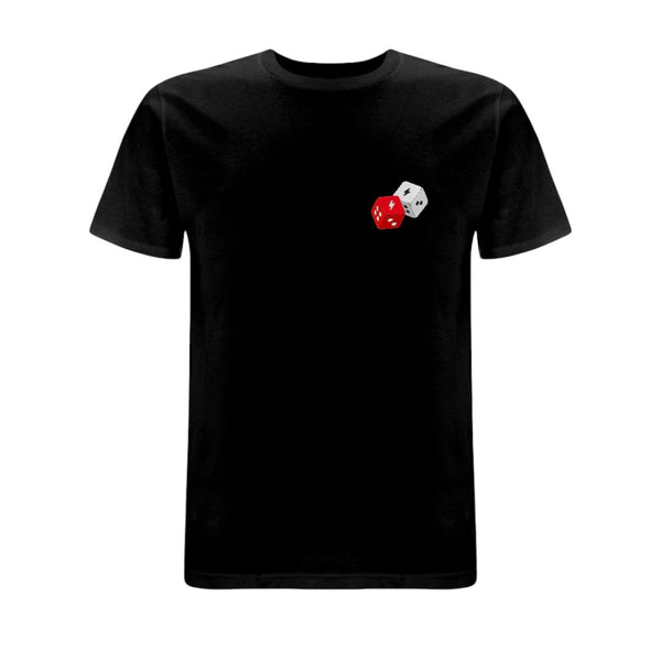Black Centreforce 883 t-shirt with red and white dice graphic printed on the left chest.