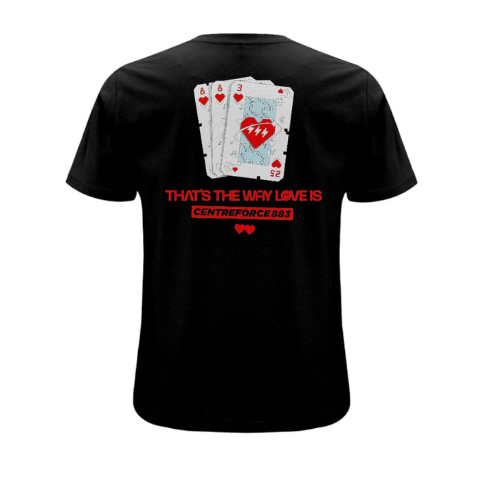 Centreforce That's the Way Love Is 883 black t-shirt. Reverse print featuring a playing cards design with the numbers 883 on three cards in the suit of hearts. (Red white and light blue print.)