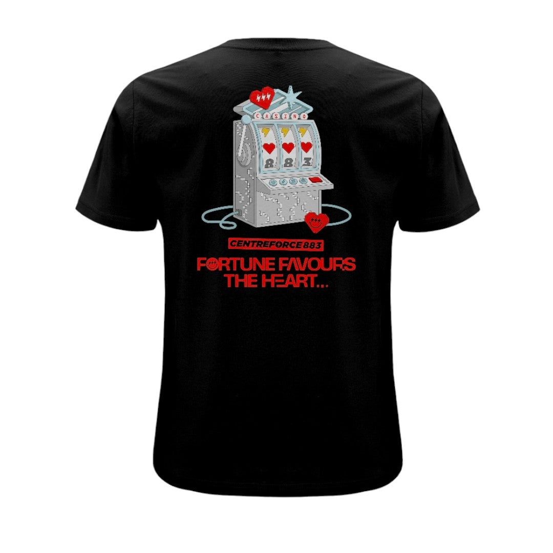 Black Centreforce 883 t-shirt with slot-machine illustration and 'Fortune Favours the Heart' text printed on the back.