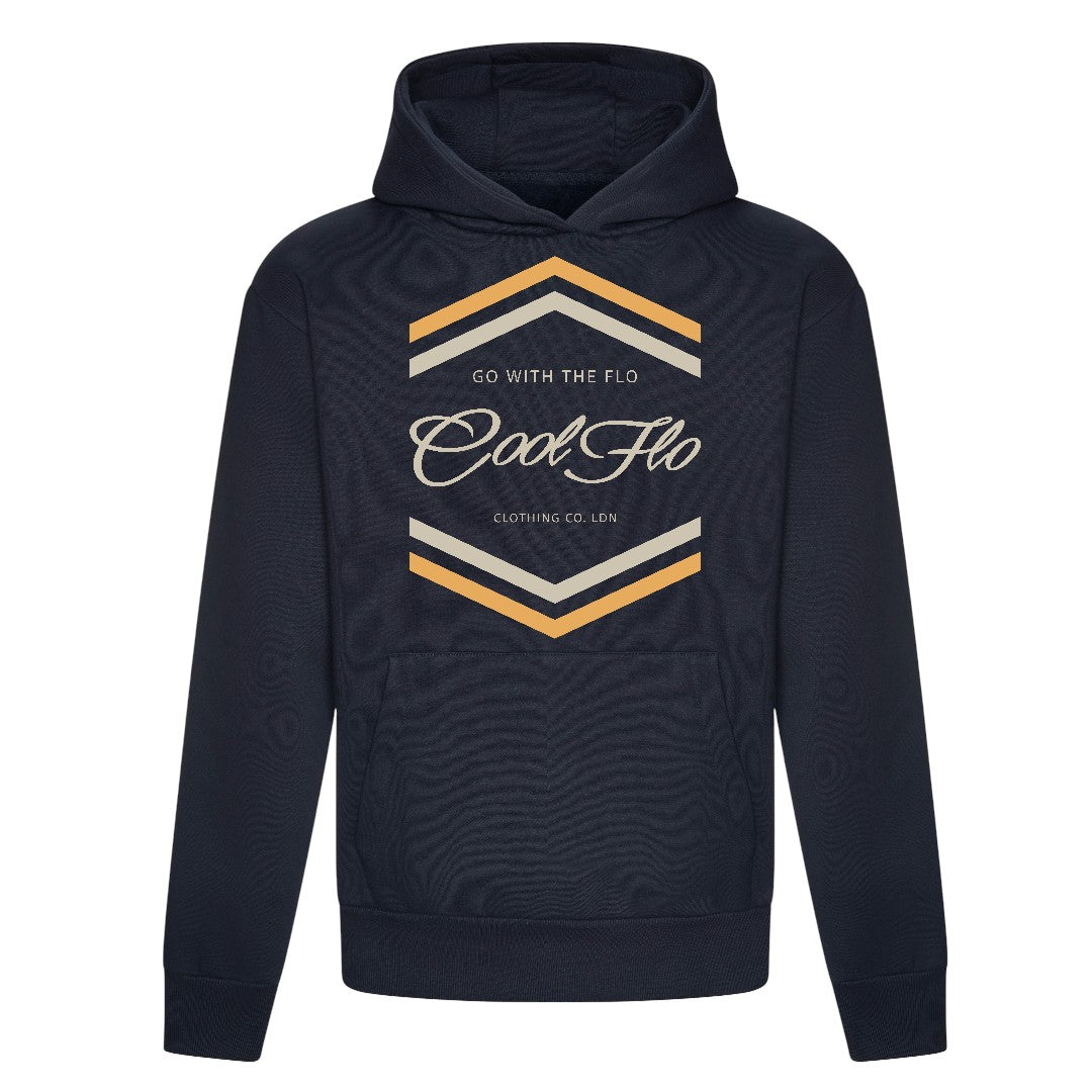 Cool Flo Chevron navy blue hoodie with cream and yellow chest print